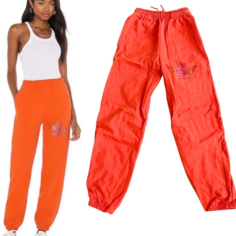 1-800-BOYS-LIE Orange 100% Cotton Sweatpants w/ Rainbow Angel Sequin Bling M